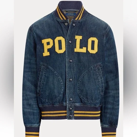 NWT Ralph Lauren Mens Denim Baseball Varsity Letterman Polo Logo Jean Jacket- S - Picture 1 of 7
